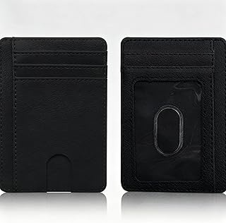 RFID-blockierende, schlanke Brieftasche für Damen und Herren, echtes Leder, dünnes Kreditkartenetui mit Ausweisfenster, minimalistische Fronttasche