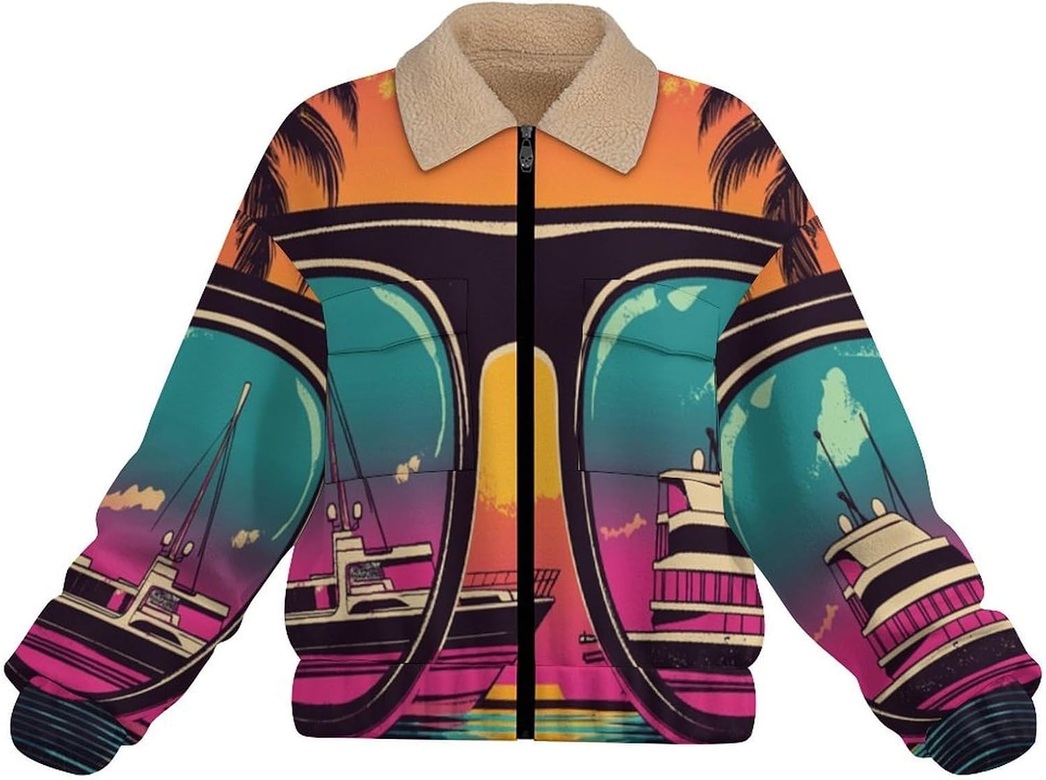 Women's Full Zip Soft Polar Fleece Jacket, sunset palm trees Printed Outdoor Recreation Coat,Long Sleeve Outerwear