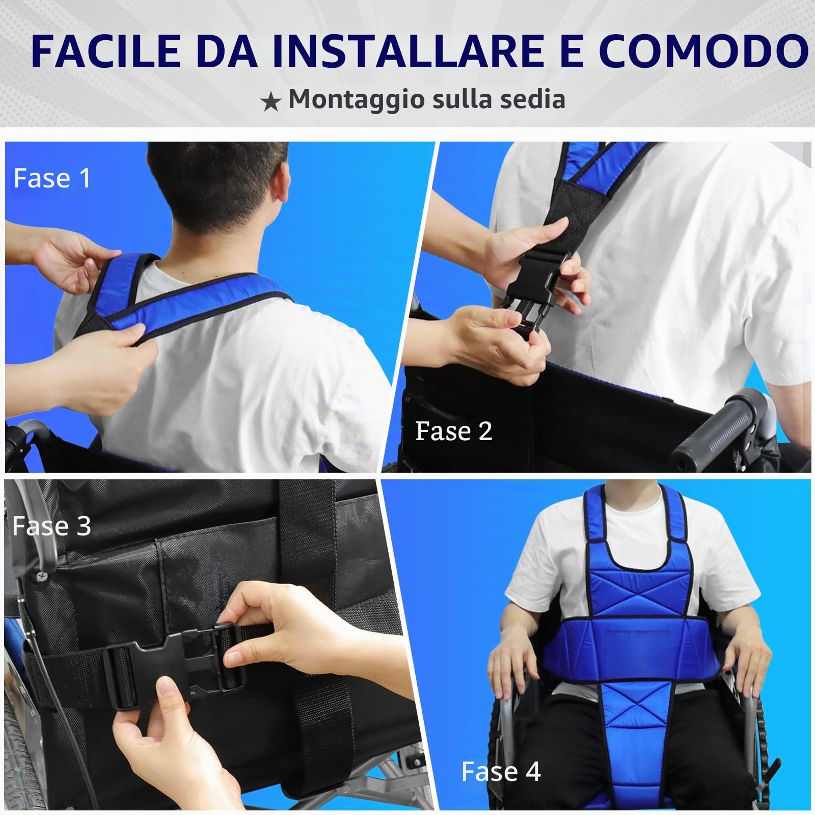 [LOSCHEN] Cintura per sedia a rotelle, antiscivolo, traspirante, accessorio per sedia a rotelle contro il ribaltamento, adatta per anziani e pazienti con mobilità ridotta (blu)