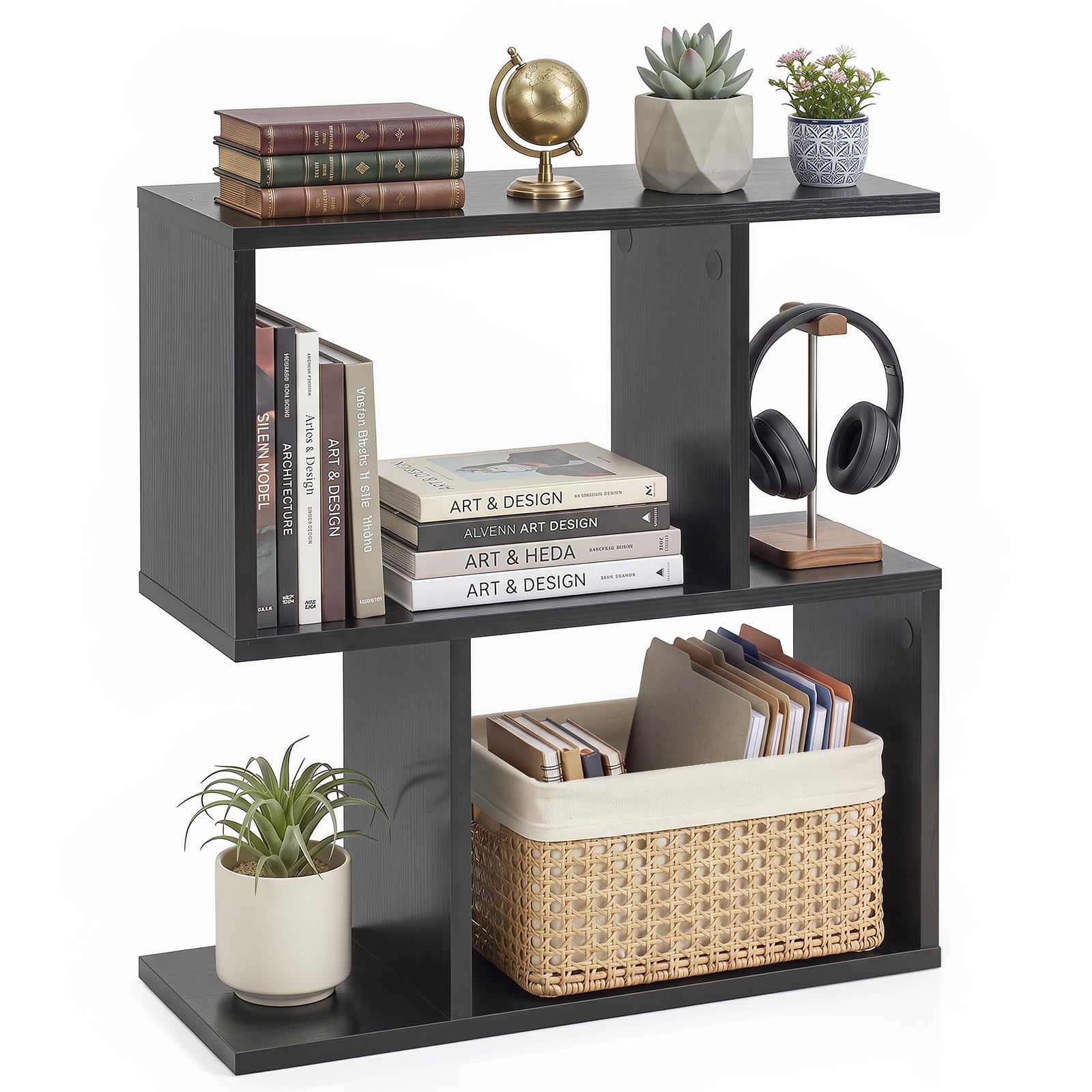Tangkula 2 Tier Geometric Bookshelf, Freestanding Wood Display Shelf