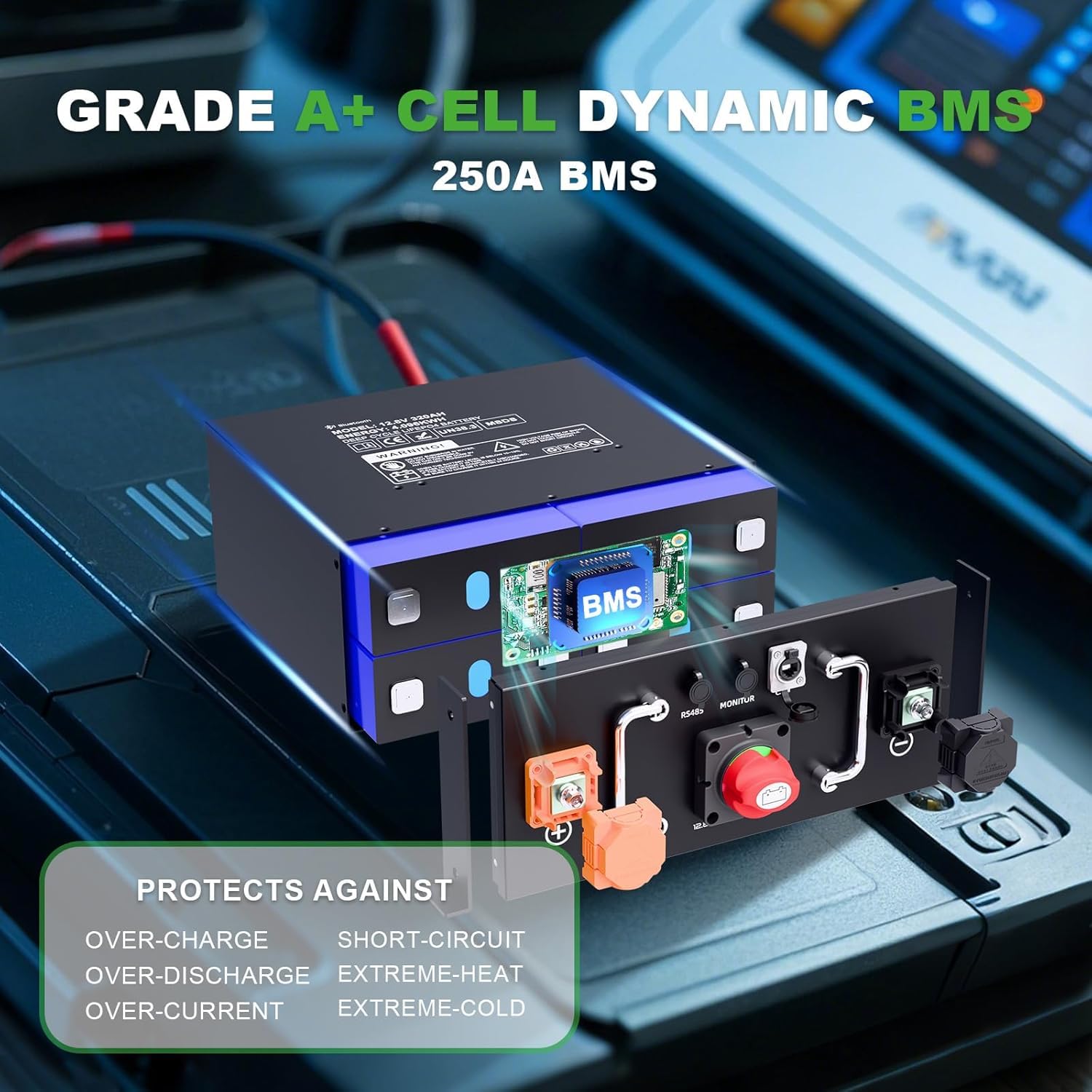 Batterie au lithium LiFePO4 12 V 320 Ah avec Bluetooth BMS et LCD 250 A, plus de 8 000 cycles, boîtier en métal pour camping-car, camping-car et systèmes solaires, remplacement parfait pour batteries