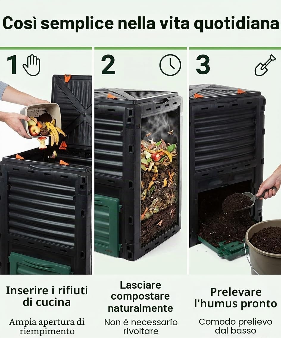 Compostiera termica da giardino, 300 l, di alta qualità, con coperchio ribaltabile, in plastica riciclata, 83 x 61 x 61 cm, prodotto UE