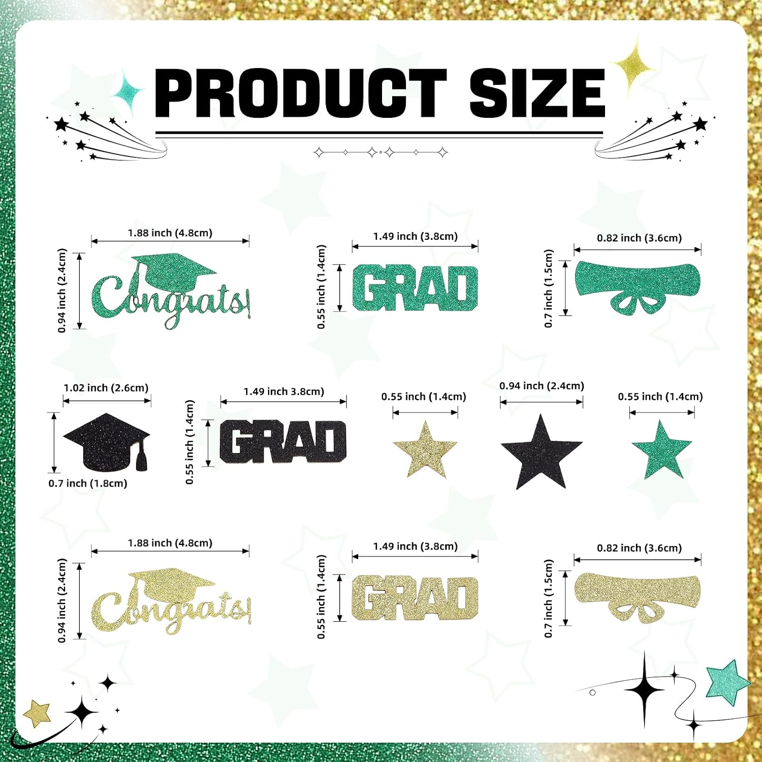 KALOR 200 Pcs Glitter Congrats Grad Confetti 2026, Green Gold and Black Graduation Confetti Table Decorations for Graduation Party Supplies