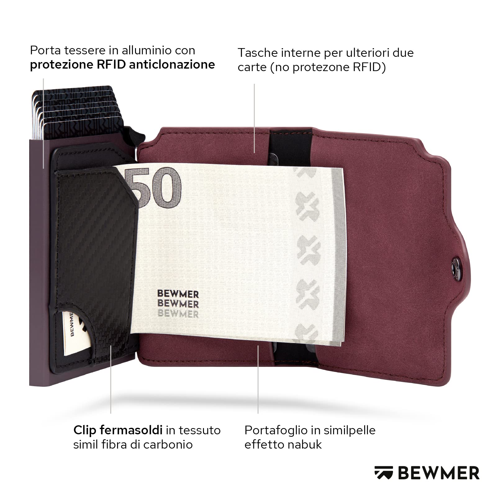 BEWMER Porta Carte di Credito 1 Schermato | Portafoglio Slim da Uomo e Donna | Porta Tessere e Documenti con Rfid Protection e Fermasoldi in Carbon Fiber (Con Zip, Rosso Bordeaux)