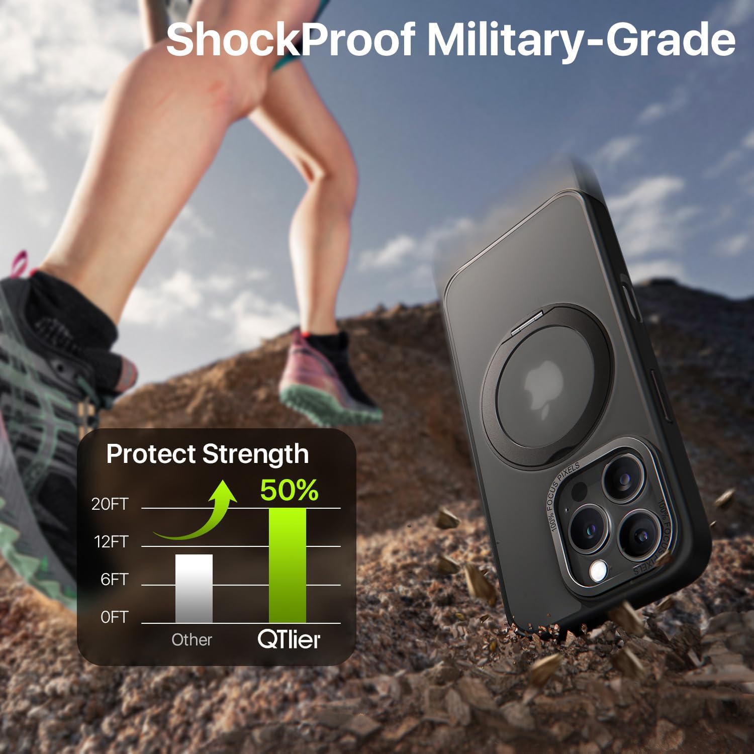 QTlier case for iPhone 16promax, 360 Rotatable Ring Stand, Raised Camera Frame, Shockproof with MagSafe Black - Image 7