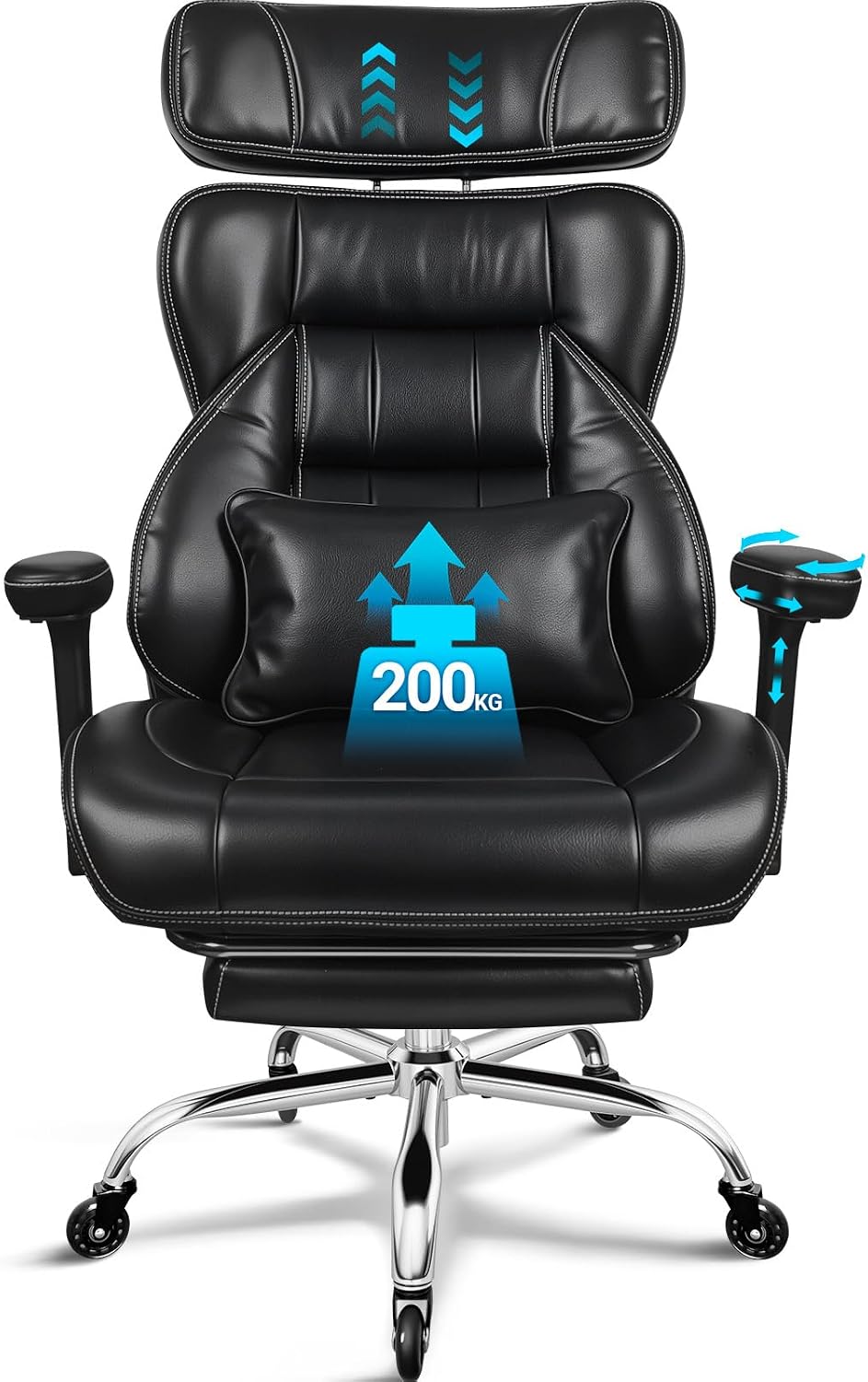 BASETBL Heavy Duty Office Chair 440lbs 200kg, Big Tall 4-Level Gas Lift Extra Wide Spring Cushion Adjustable Headrest 3D Armrests Executive Desk Computer Chairs with Footrest & Rubber Casters PU Black
