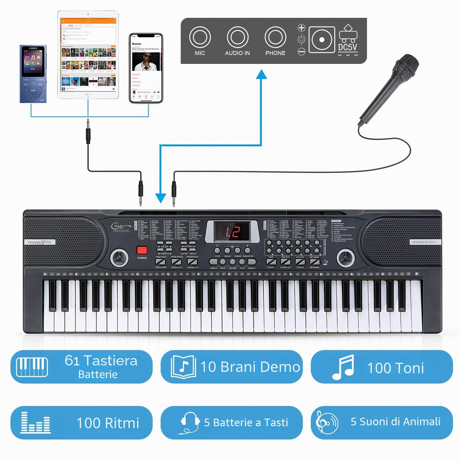 Tastiera digitale a 61 tasti (Nero, Bambini)