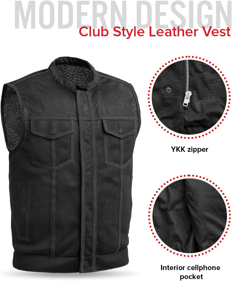 First Mfg Co Sharp Shooter Men's Motorcycle leather Vest - Classic Black Leather, Banded Collar, Covered Snaps