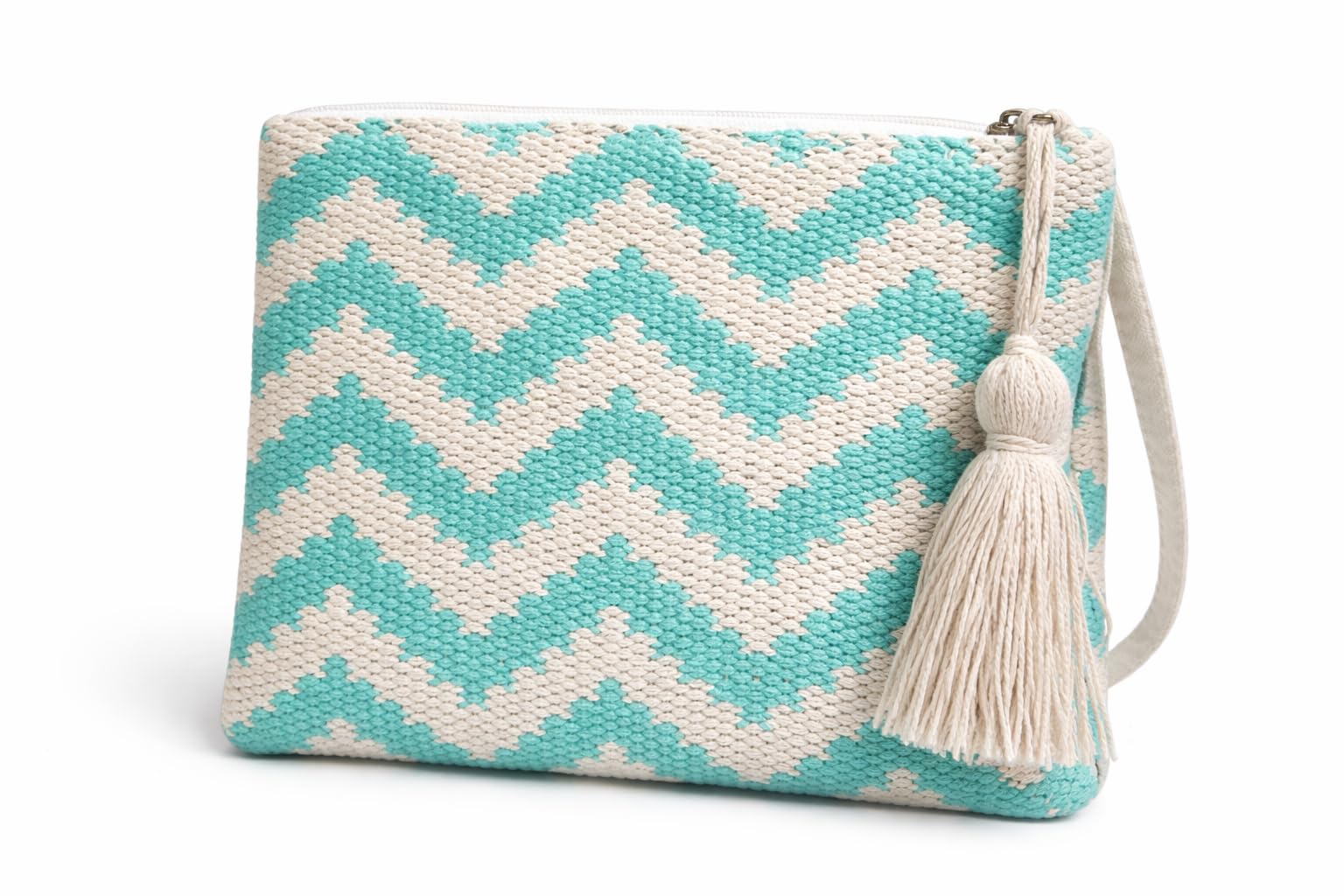 Multipurpose Pouch for Men and Women | Aqua & Beige Zigzag Cotton Clutch with Tassel | Boho Chic Makeup & Travel Pouch | Eco-Friendly Handcrafted Zip Pouch 25x10 cm-image-9