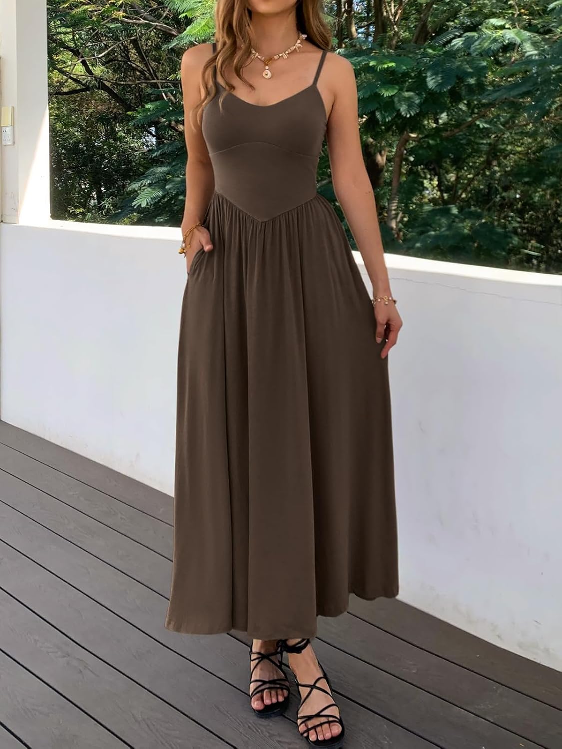 Womens Spaghetti Strap Maxi Dresses Summer Casual Sleeveless A Line Long Flowy Dress with Pockets Beach Sundresses - Image 2