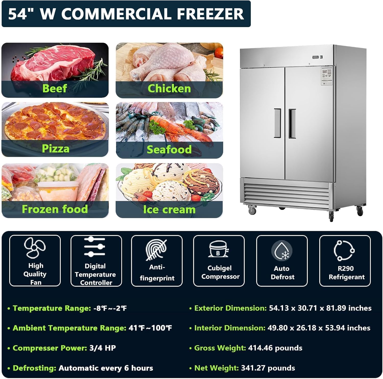 54" Commercial Freezer, 42 Cu.Ft Upright Freezer with 2 Solid Door, Stainless Steel Reach-in Freezer, -8℉ ~ -2℉, Fan Cooling Freezer with 6 Shelves for Restaurant Bar Garage, ETL and DOE Approved