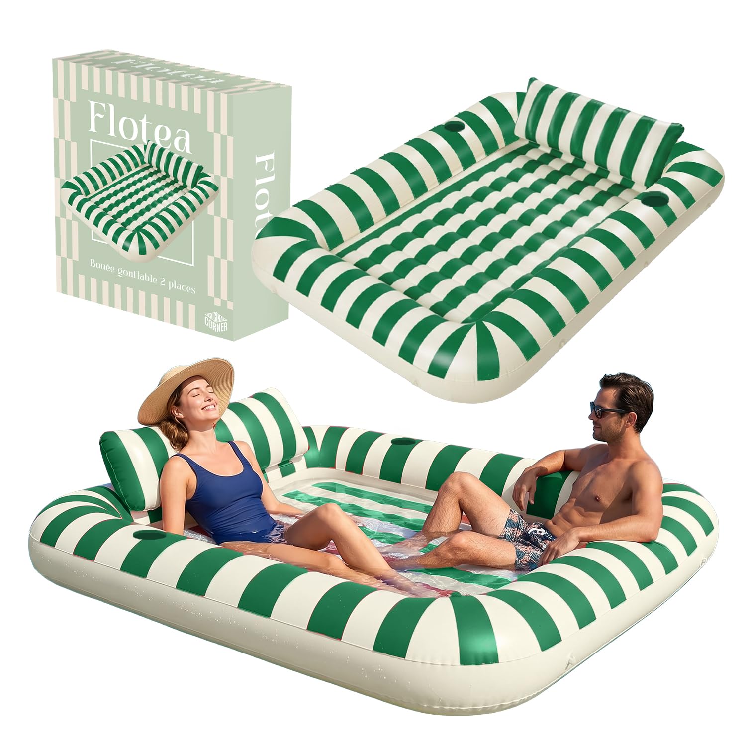 Flotea® Colchoneta Hinchable XXL para Adultos 2 Personas | Colchoneta Flotante con Cojines y Portavasos Integrados | PVC 215 x 148 cm | Piscina, Playa, Mar, Vacaciones | Original Corner