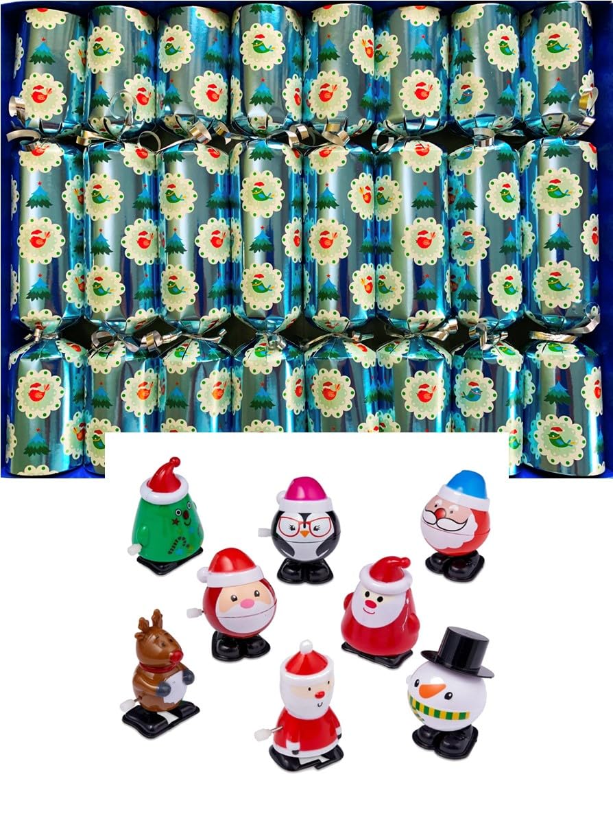 Crackers Ltd Silver Set Of 8 Racing Clockwork Characters Winter Birds Design Christmas Crackers - Snowman, Trees, Santa And More