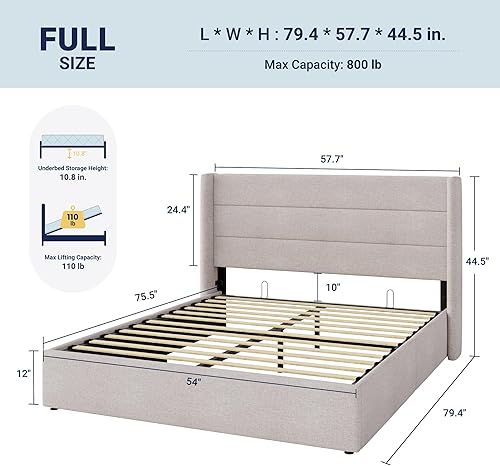 Miniatura 2 de Allewie Cama de Almacenamiento Elevable Tamaño Completo, Cabecera Moderna con Respaldo Alado, Soporte Hidráulico, No Necesita Somier, Beige Claro