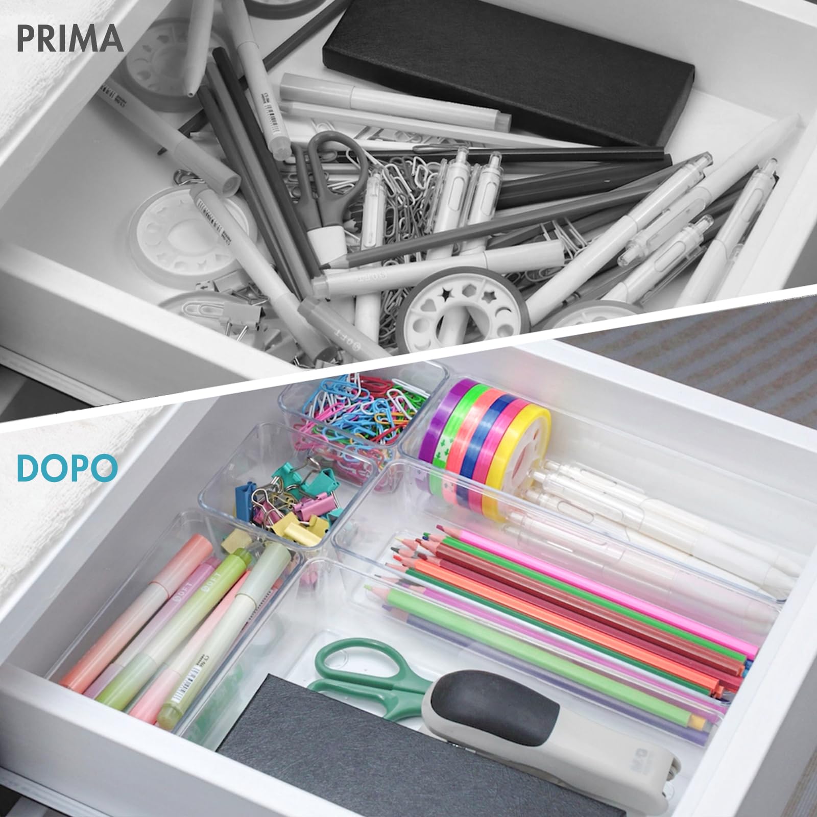 Radikor Organizer Cassetti 31 Pezzi, Organizer Trucchi Cassetti in Plastica Trasparente, Organizer Cassetti Bagno Impilabili di 4 Dimensioni, Contenitori Cassetti per Bagno, Cucina, Trucchi, Scrivania