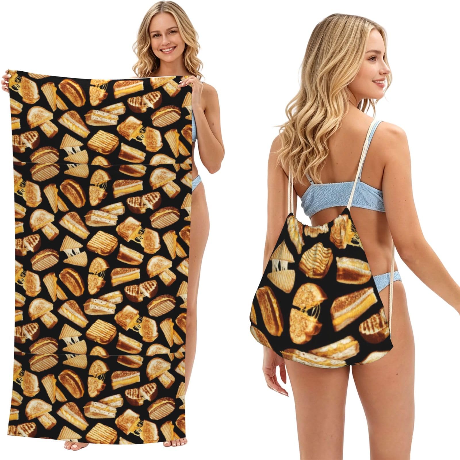 Poadnly As Picture Grilled Cheese Sandwiches, 2 In 1 Packable Towel Bag, Beach Towels With Drawstring Backpack For Travel Holiday Camping