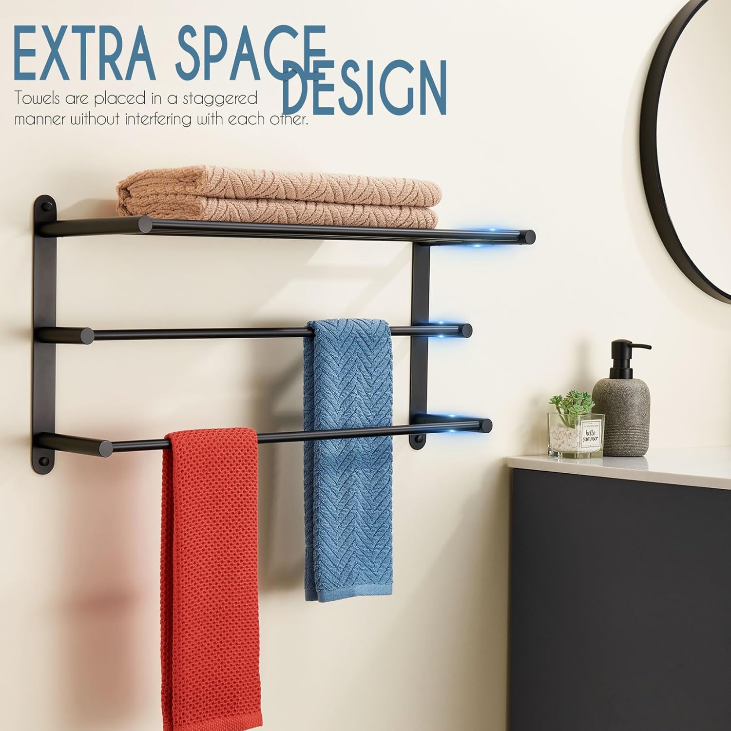 KOKOSIRI Double Towel bar with Shelf 3 Tier Towel Rack with Single Towel Bar Bathroom Towel Rack Storage Organizer Wall Mounted Stainless Steel, Matte Black, B5003BK - Image 3