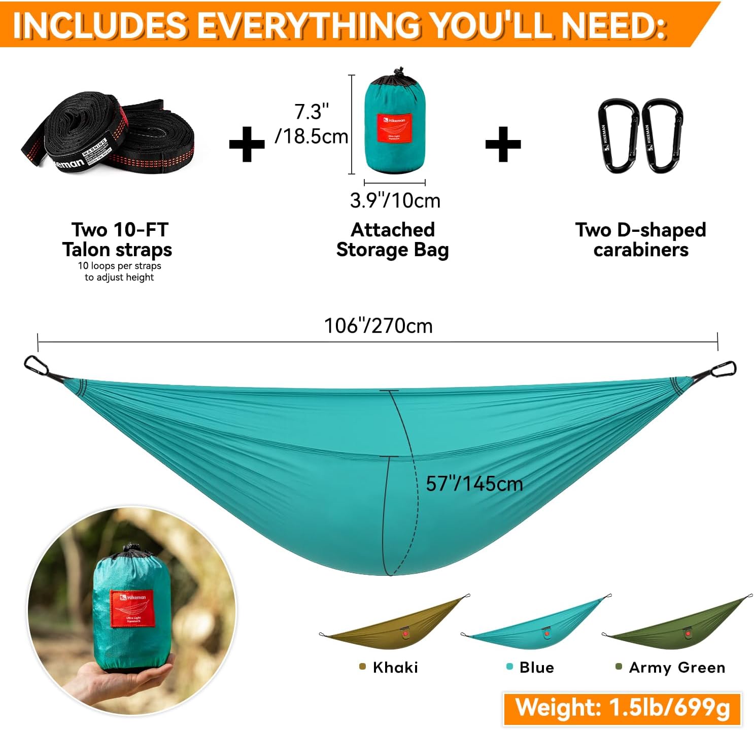 HIKEMAN Hammock for Camping Ultralight Hammocks Gear for Outdoors Backpacking Survival or Travel - Portable Lightweight Nylon - Up to 440lbs(Army Green)