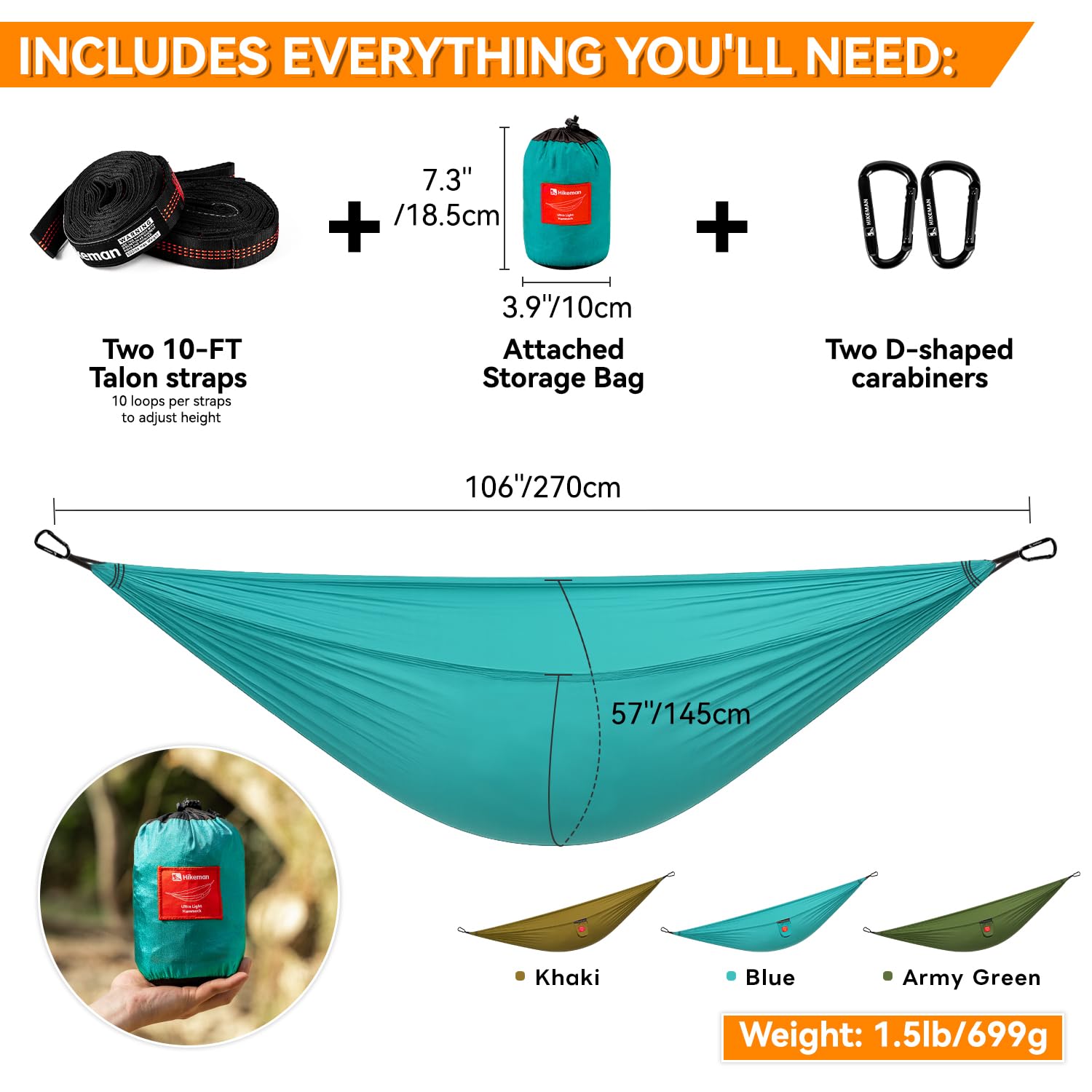 HIKEMAN Hamac pour camping, équipement pour l'extérieur, la randonnée, la survie ou les voyages – Portable en nylon léger – Jusqu'à 200 kg (vert kaki)