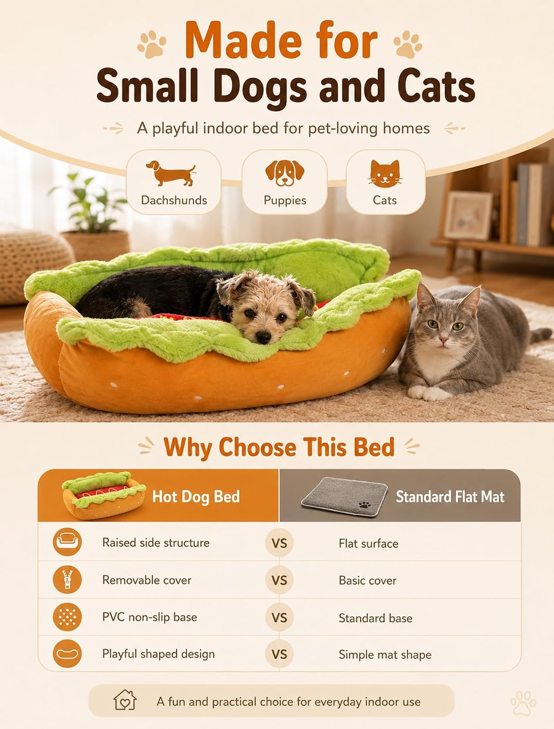 Cama para perros salchicha, cama para perros y gatos, cama de felpa extraíble y lavable, cama de micro gamuza suave y pana para interiores con parte inferior antideslizante para cachorros y mascotas