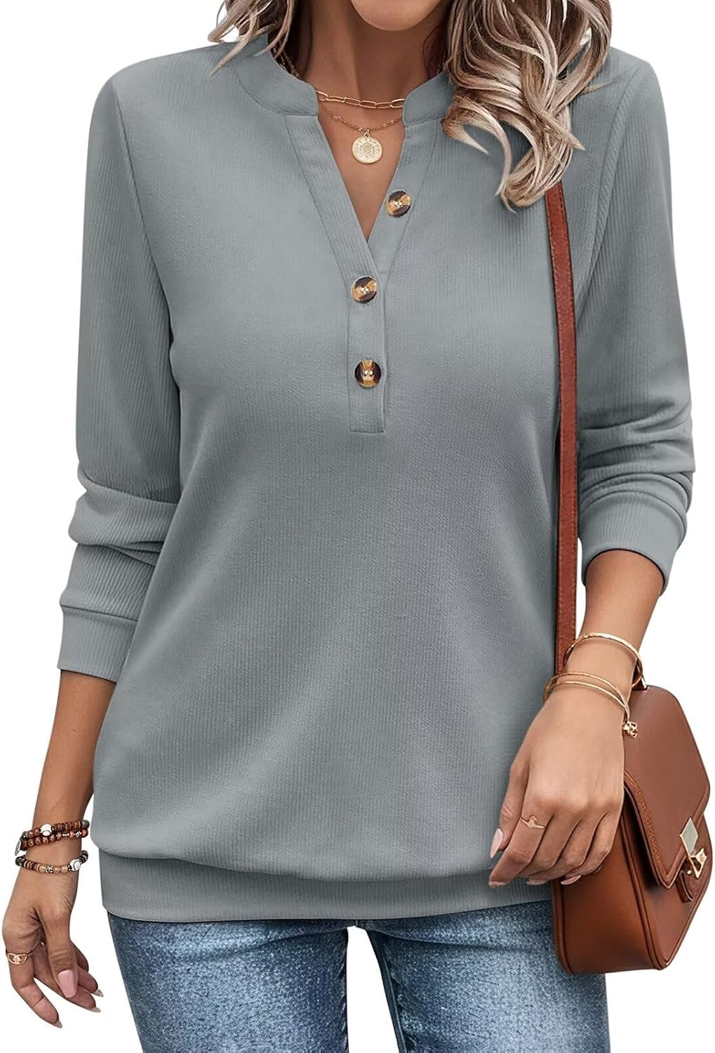 EADINVE Womens Henley Neck Sweatshirts Long Sleeve V Neck Casual Fall Tops