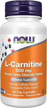 NOW Supplements, L-Carnitine 500mg, Purest Form, Amino Acid, 60 Veg Caps