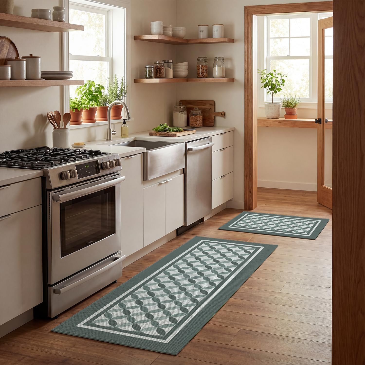 Artoid Mode Green Washable Non Slip Rustic Kitchen Mats Set of 2, Absorbent Natural Rubber Back Low-Profile Kitchen Rugs for Floor - 17x29 and 17x47 Inch