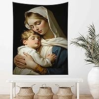 Vista 7 de HVEST Tapiz cristiano de la Virgen María y Jesucristo en el Paraíso para colgar en la pared, de Ángeles en el Cielo, para dormitorio, sala de estar