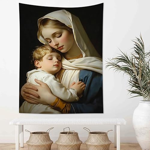 Miniatura 7 de HVEST Tapiz cristiano de la Virgen María y Jesucristo en el Paraíso para colgar en la pared, de Ángeles en el Cielo, para dormitorio, sala de estar