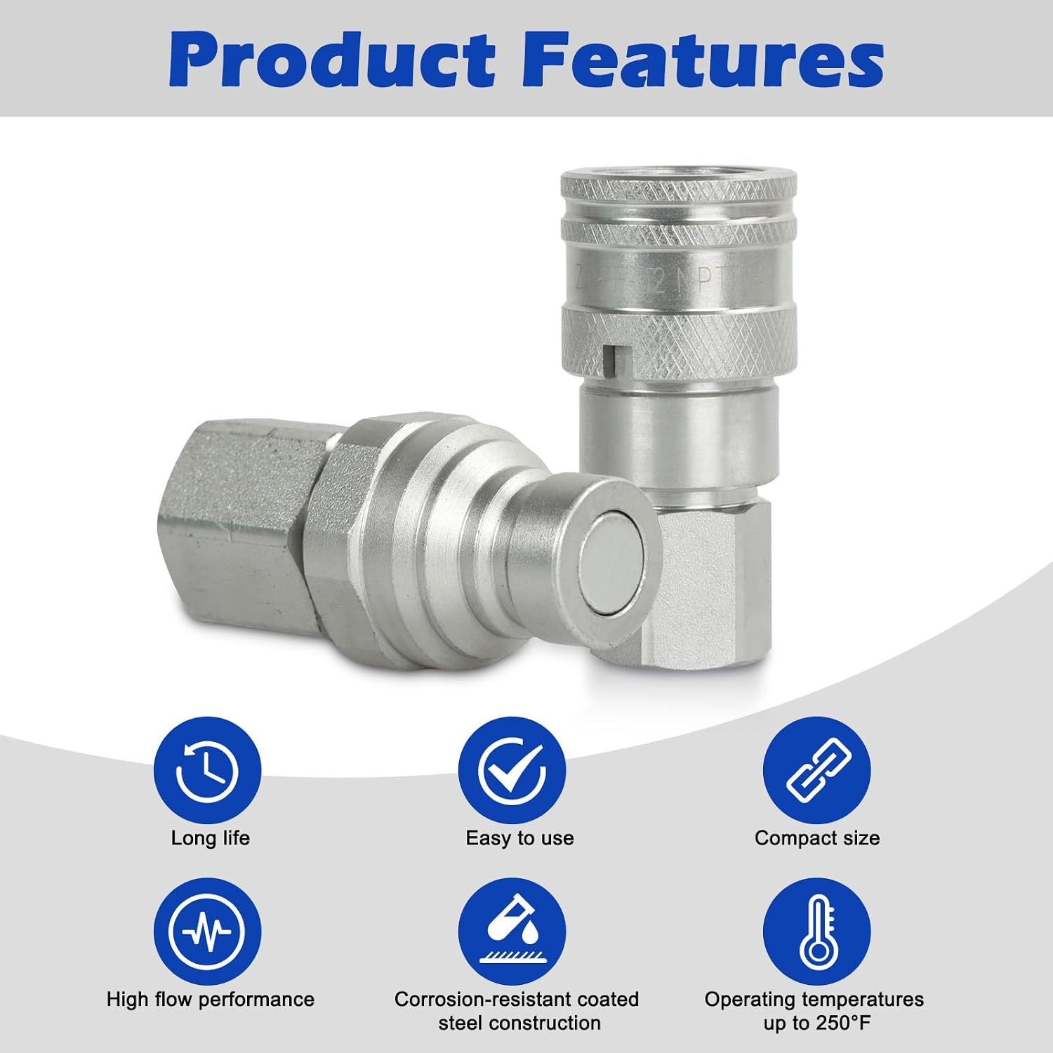 1/4" Body & 1/4" NPT Hydraulic Quick Connect Fittings Thread Set - Flat Face Hydraulic Couplers with Dust Caps, High Flow Skid Steer ISO 16028 Hydraulic Fittings
