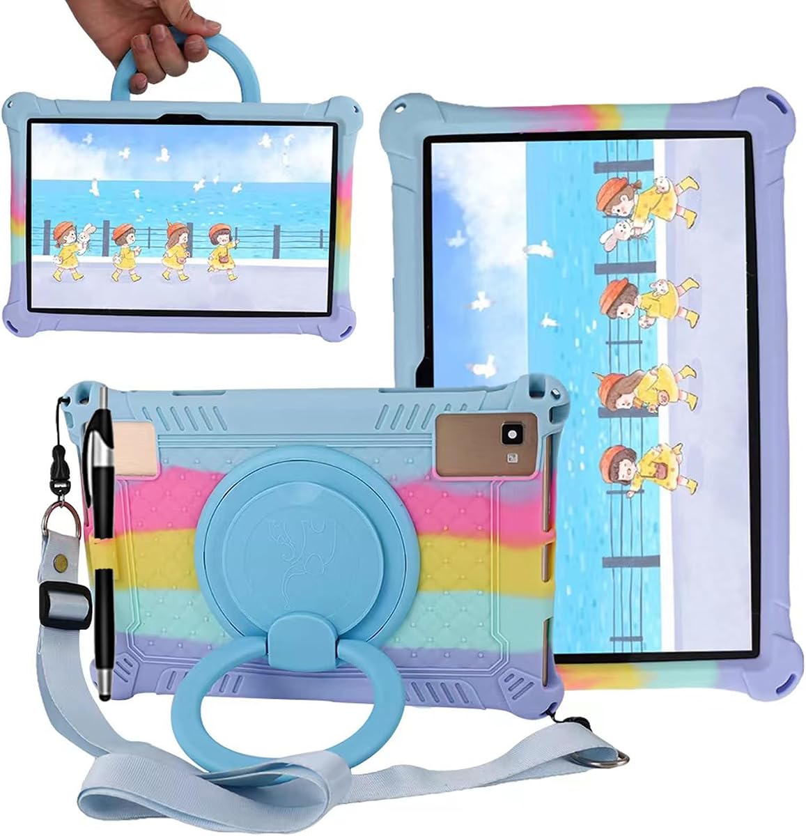 Funda para tablet TCL Tab 10 5G de 10,1 pulgadas/TCL Tab 10S 9081X/9080G, funda de silicona suave antiestrés con soporte giratorio/portalápices/correa para el hombro/bolígrafo para TCL Tab 10,1 pulgadas (colorido azul claro)