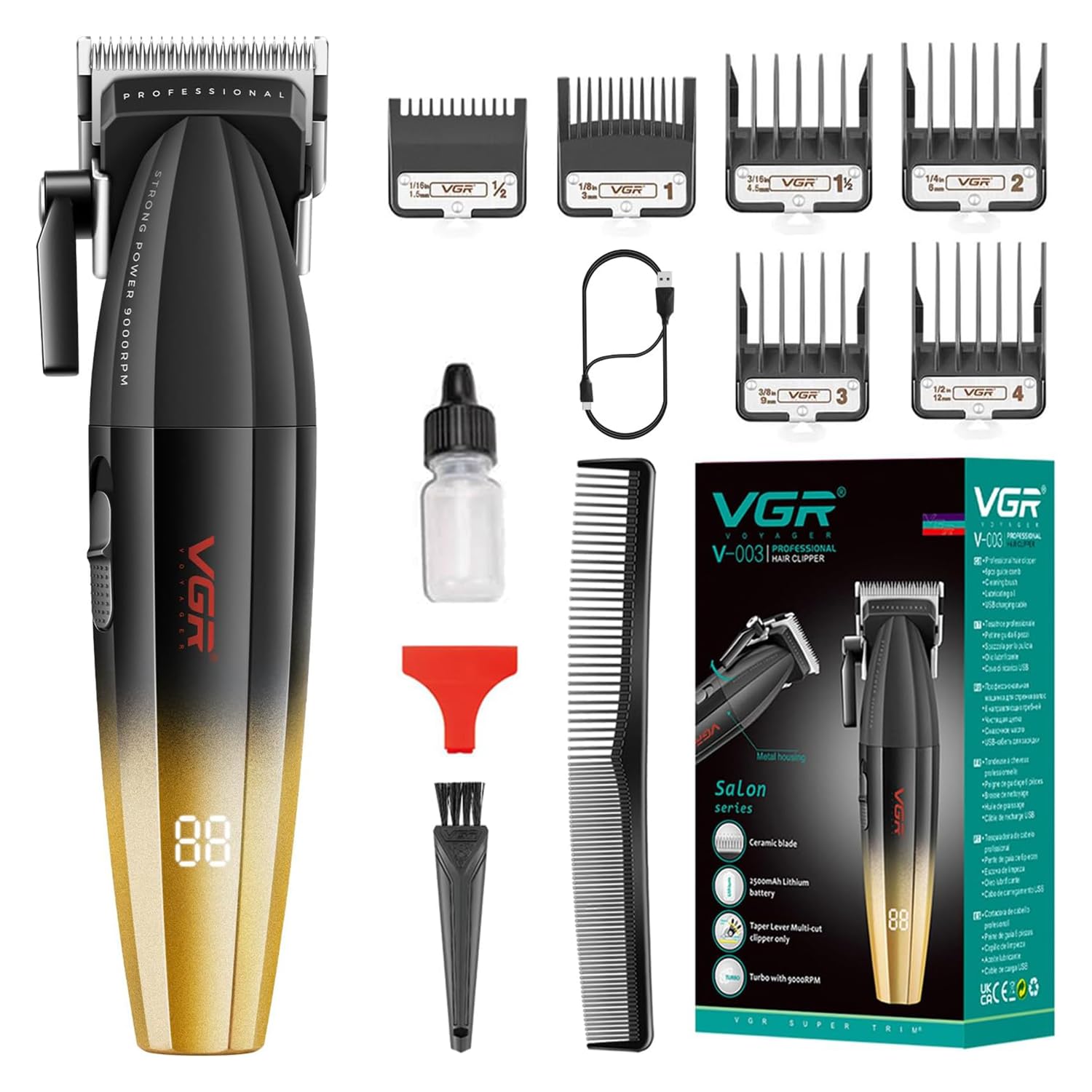 VGR V-003 Professional Salon Quality Hair Clipper - High-Performance 9000 RPM Motor with Turbo Mode, 250-Minute Runtime, LED Display, and 6 Adjustable Guide Combs for Precision Grooming (Black,Gold)