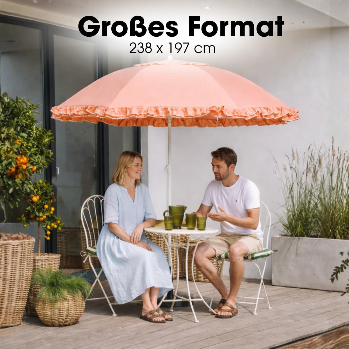 Mica Decoration Neigbarer Sonnenschirm mit Rüschen - Stockschirm 238 x Ø195 cm - Garten oder Balkon Sonnenschutz - Polyester, Stahl - Pfirsich