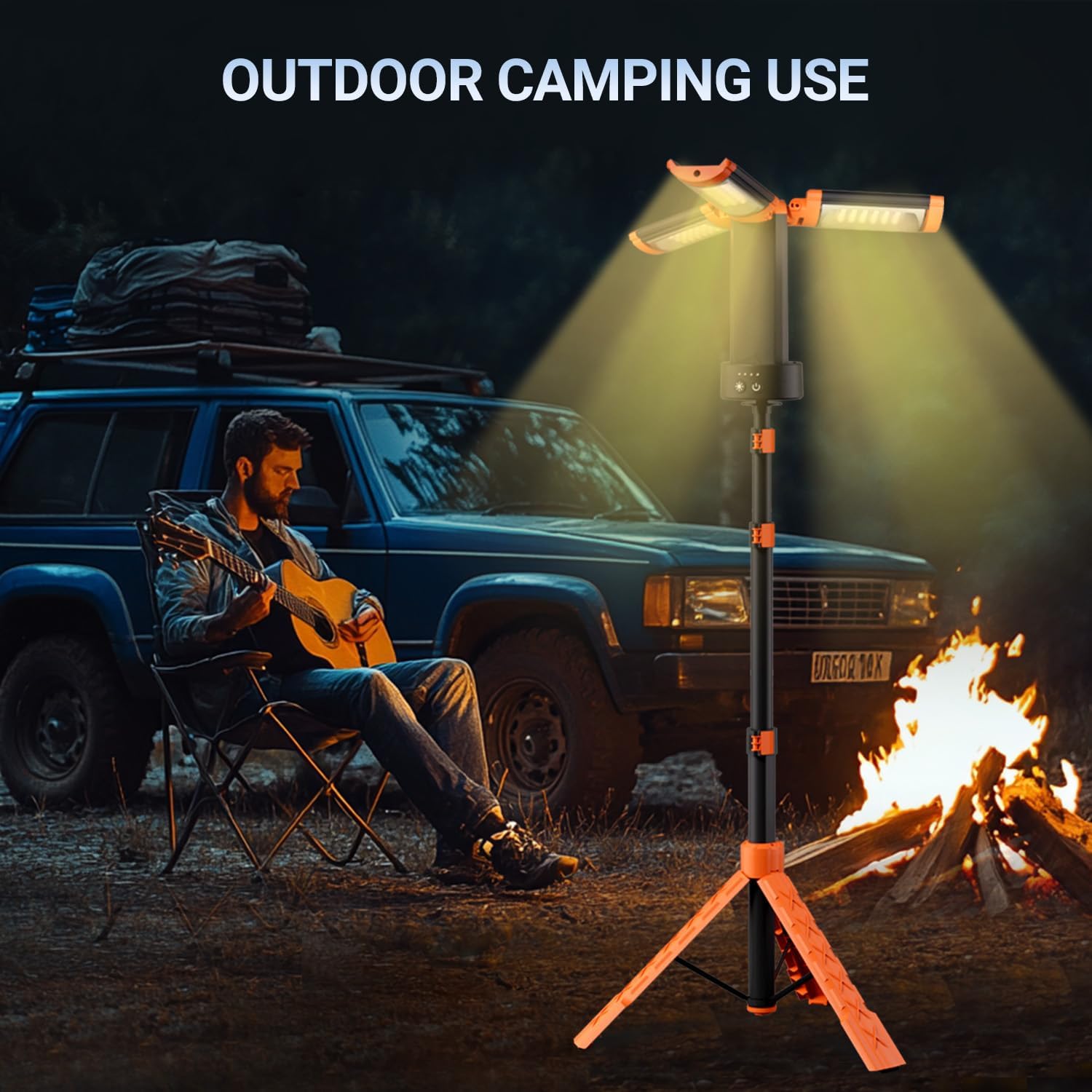 Rechargeable Camping Light with Stand, 10,000 mAh Outdoor Cordless Work Light with 3 LED Lamp Heads, 6.1 ft Max Height, Detachable Portable Telescopic Bracket, 2200 Lumen Dimmable Construction Lights