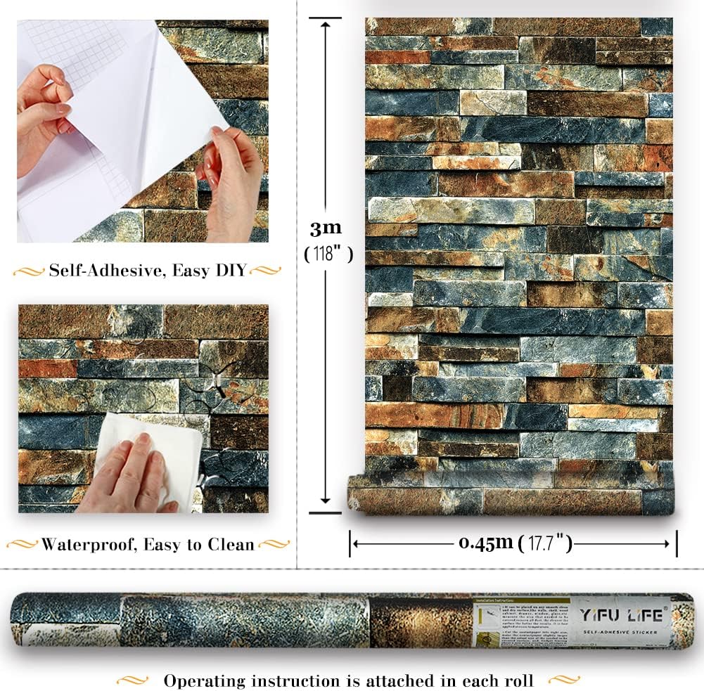 Faux Brick Wallpaper Peel and Stick Blue/Rust Red Waterproof and Removable Contact Paper Self-Adhesive for Home Decor 17.7" x 9.8ft