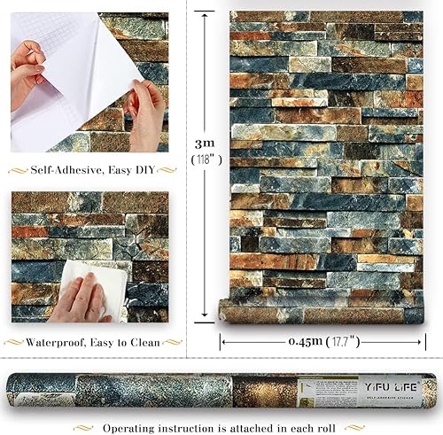 Miniatura 6 de F602 - Papel tapiz de ladrillo para despegar y pegar de 17.7 pulgadas x 9.8 pies, color azulrojo óxido, papel tapiz removible prepegado,