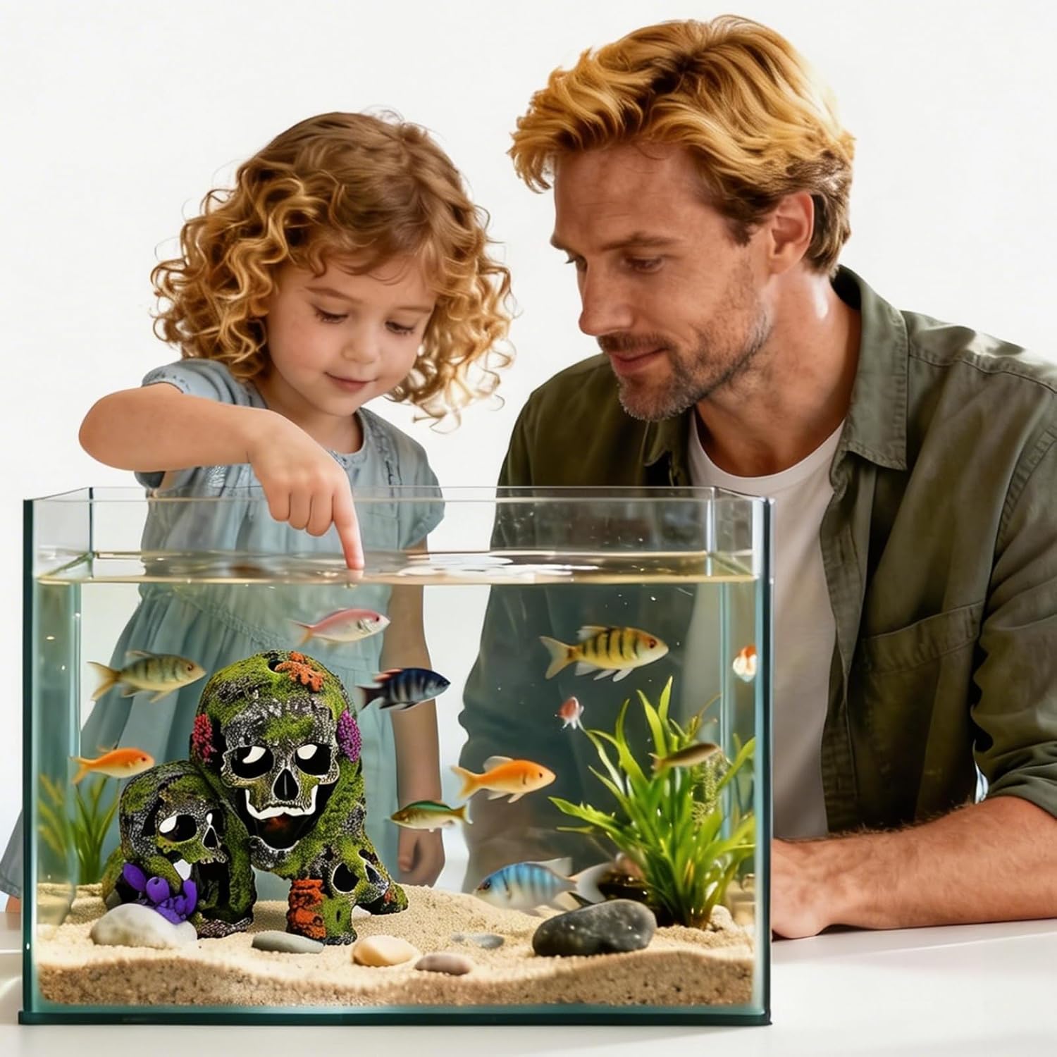 Betta Fish Tank Decorations Hideout - Triple Skull Hiding Cave for Aquarium, Resin Ornament with Artificial Moss Texture and Multiple Entrances for Shrimp, Small Fish - 7.3x4.9x6.1inch
