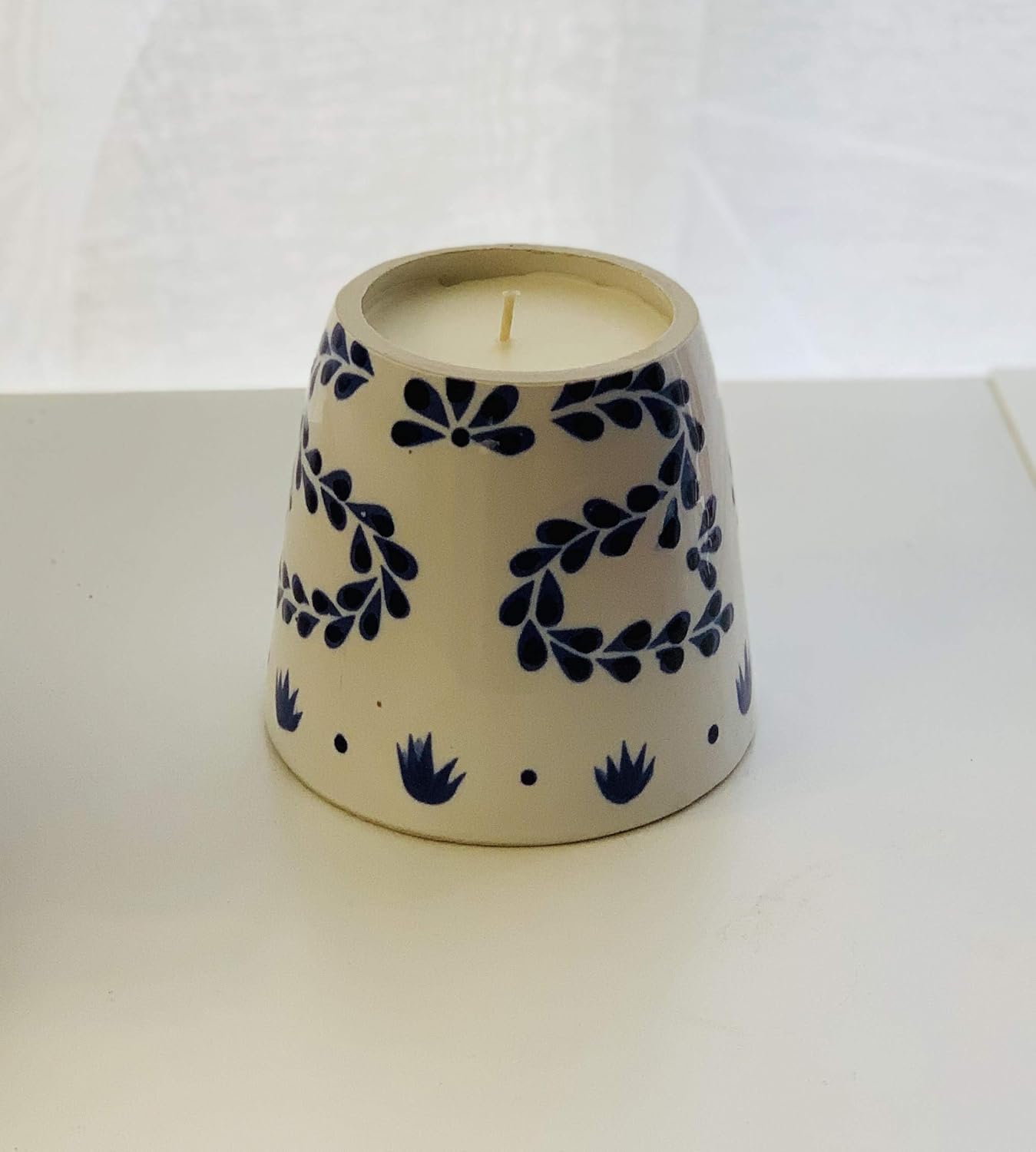 Talavera Soy Candle – Hand-Poured in White & Blue Ceramic – Reusable Artisan Cup – Mexican Pottery
