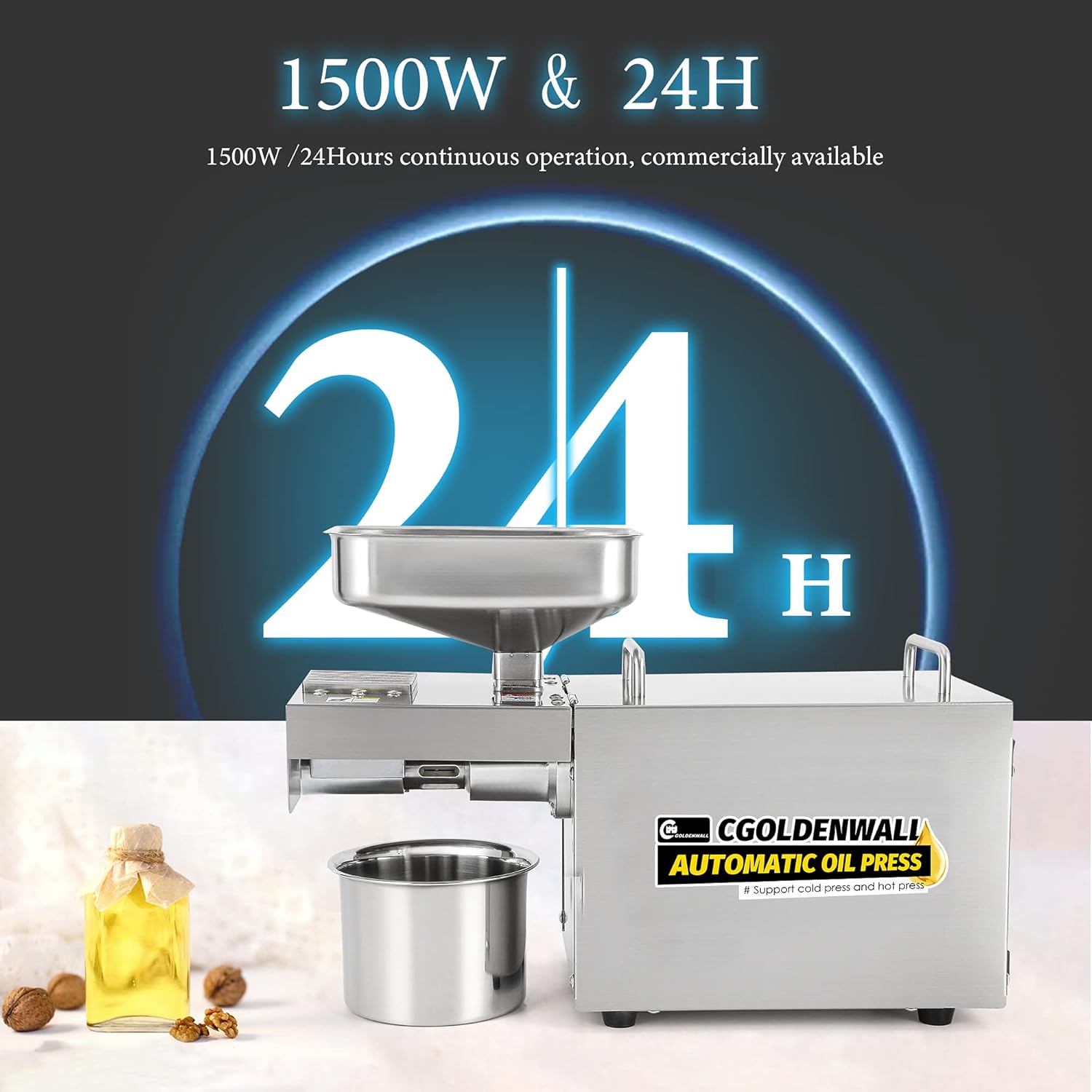 New Arrivals CGOLDENWALL 1500W Industrial heavy Automatic Oil Press Machine Nuts Seeds Oil Presser Pressing Machine Cold Hot Press All Stainless Steel High Oil Extractor CE (220V)