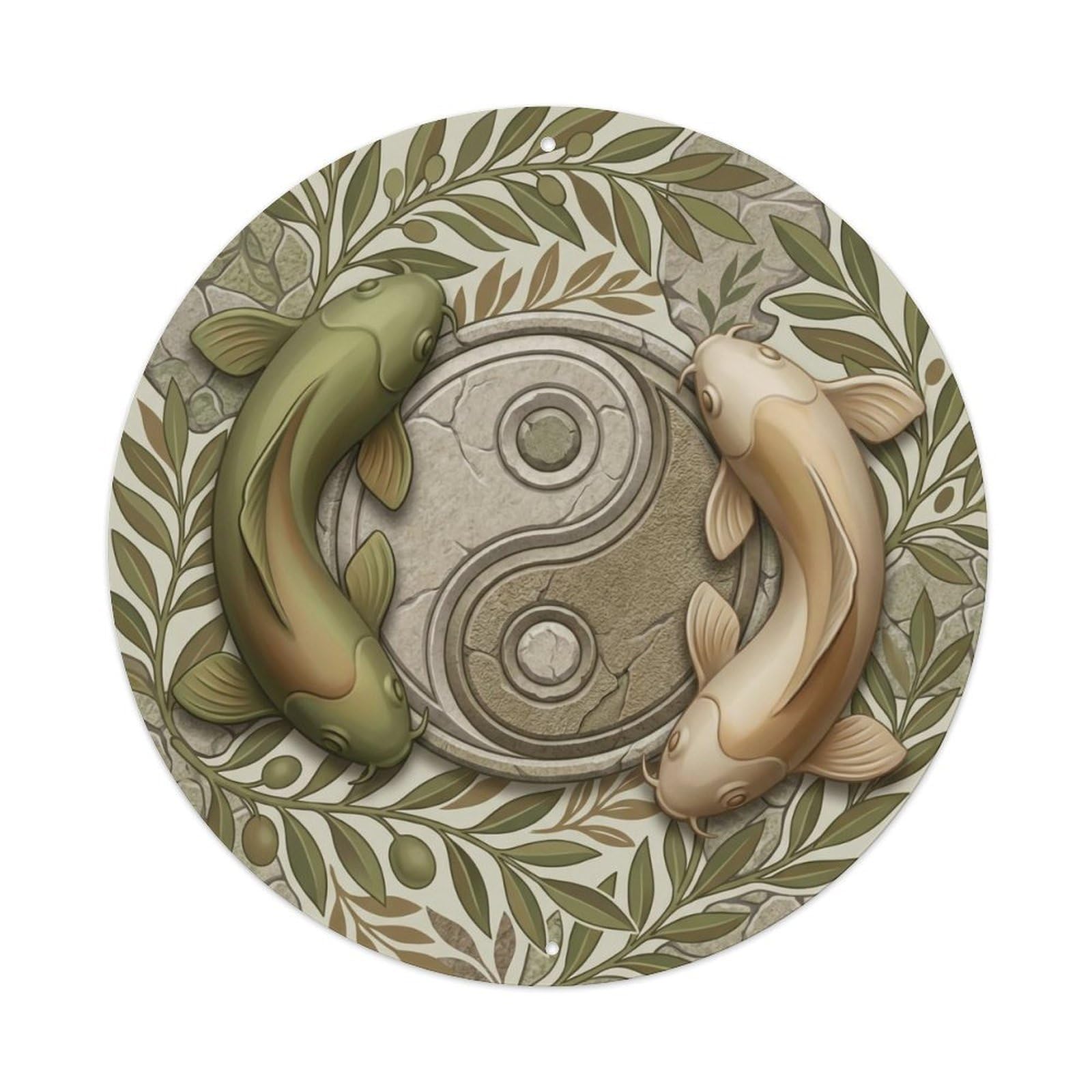 Tai Chi Koi Fish Olive Green Earth Tone Metal Tin Sign