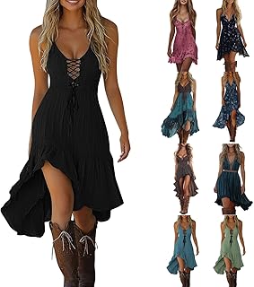 Sexy Western Dress for Women Cowgirl Vintage Lace Boho Sundress Spaghetti Strap High Low Flowy Cocktail Dress