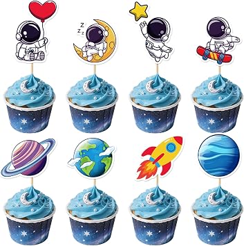 24Pcs Space Astronaut Cupcake Toppers Rocket Planet Trip to the Moon Cupcake Picks Universe Outer Space Theme Baby Shower Kids Birthday Party Cake Decorations Supplies - B