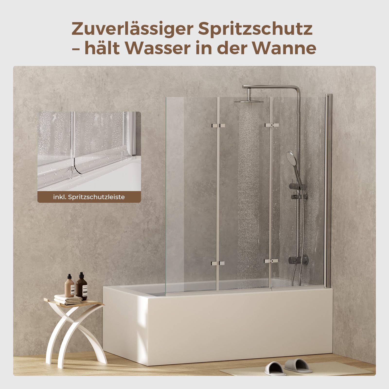 Duschwand für Badewanne 130x140 cm, 3-teilige Faltwand