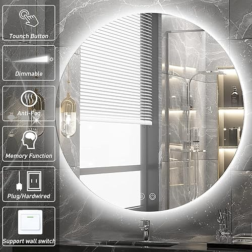 Miniatura 3 de Espejo redondo retroiluminado LED de 30 pulgadas para baño, espejo redondo montado en la pared con luces, espejo de ciclo de tocador iluminado sin