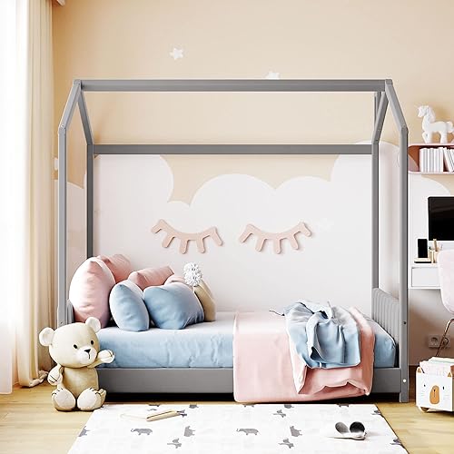 Miniatura 3 de DEINPPA Cama de casa de princesa tamaño individual con cabecera y estribo tapizados de tela de terciopelo, marco de cama para niños con diseño de