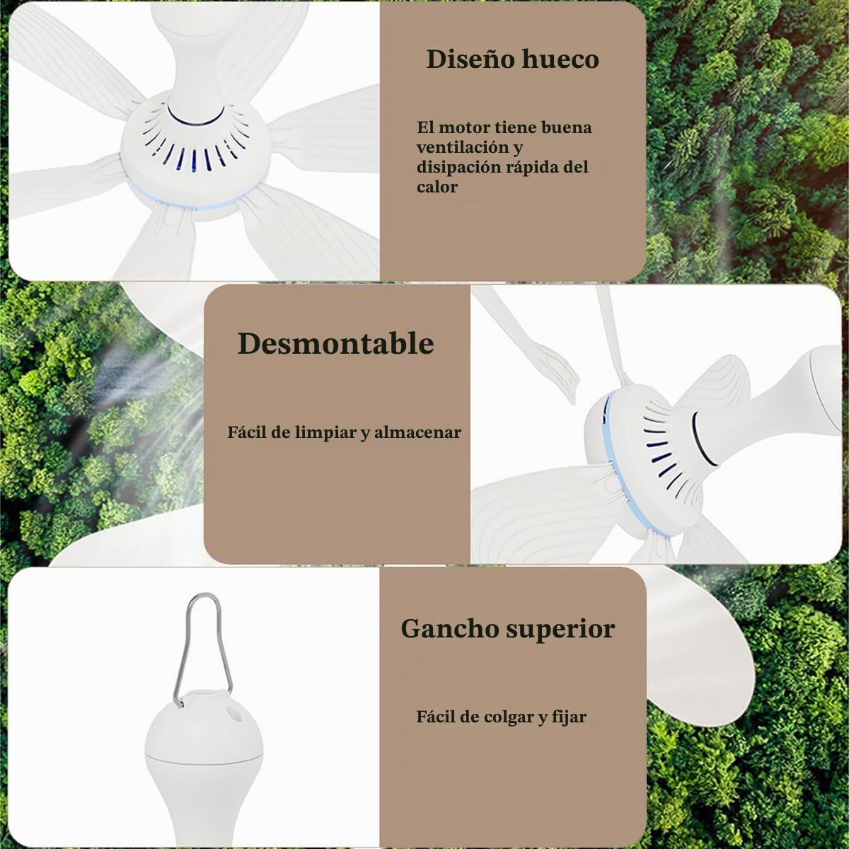 Mini ventilador de techo portátil, 4 niveles de viento, alimentado por USB, diámetro 42 cm, 5 W (mando a distancia)