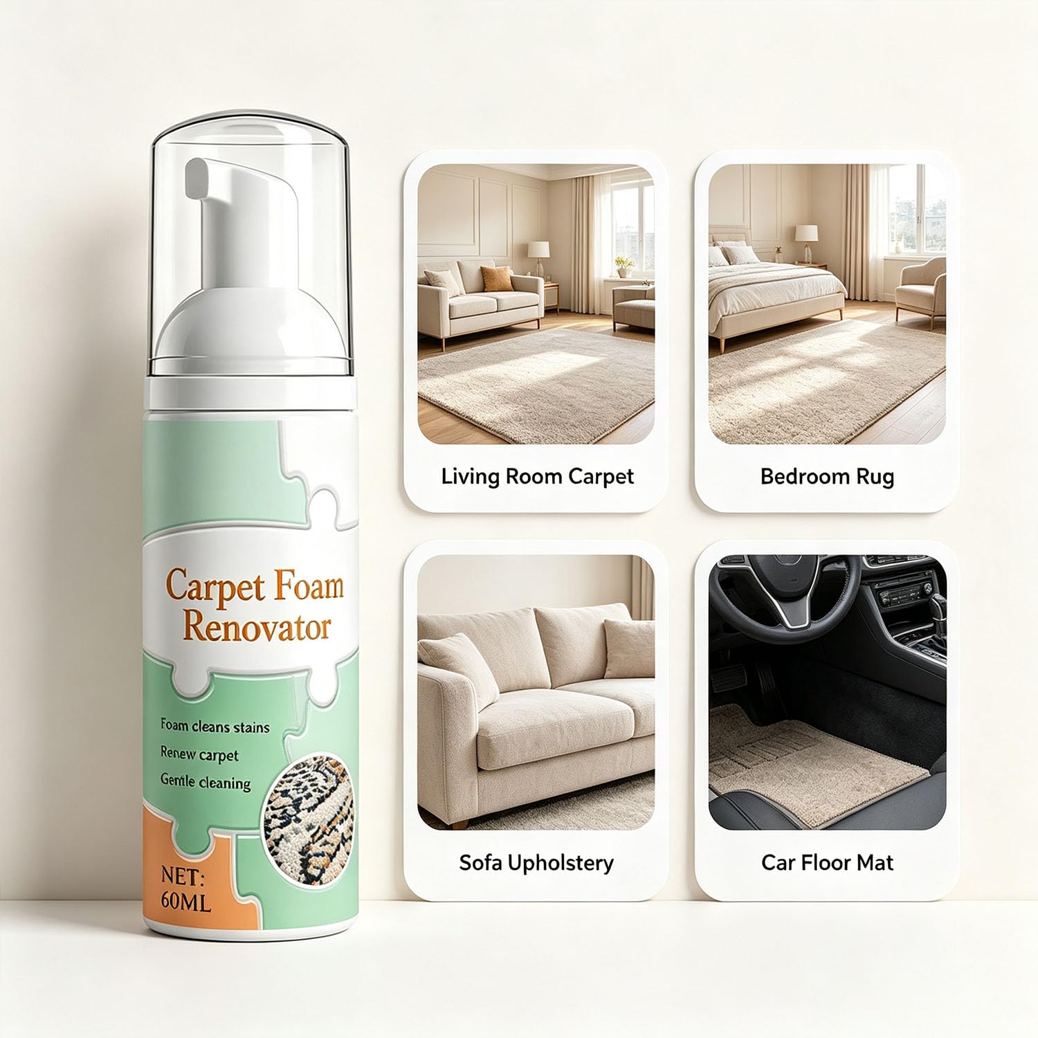 Waterless Carpet Foam Stain Remover, Teppichschaum-Renovator, Trockenreinigungs-Schaumreiniger mit Reinigungstuch, Fleckenentferner für Teppiche, Teppiche, Polster- und Stoffoberflächen (100ml*3PCS)