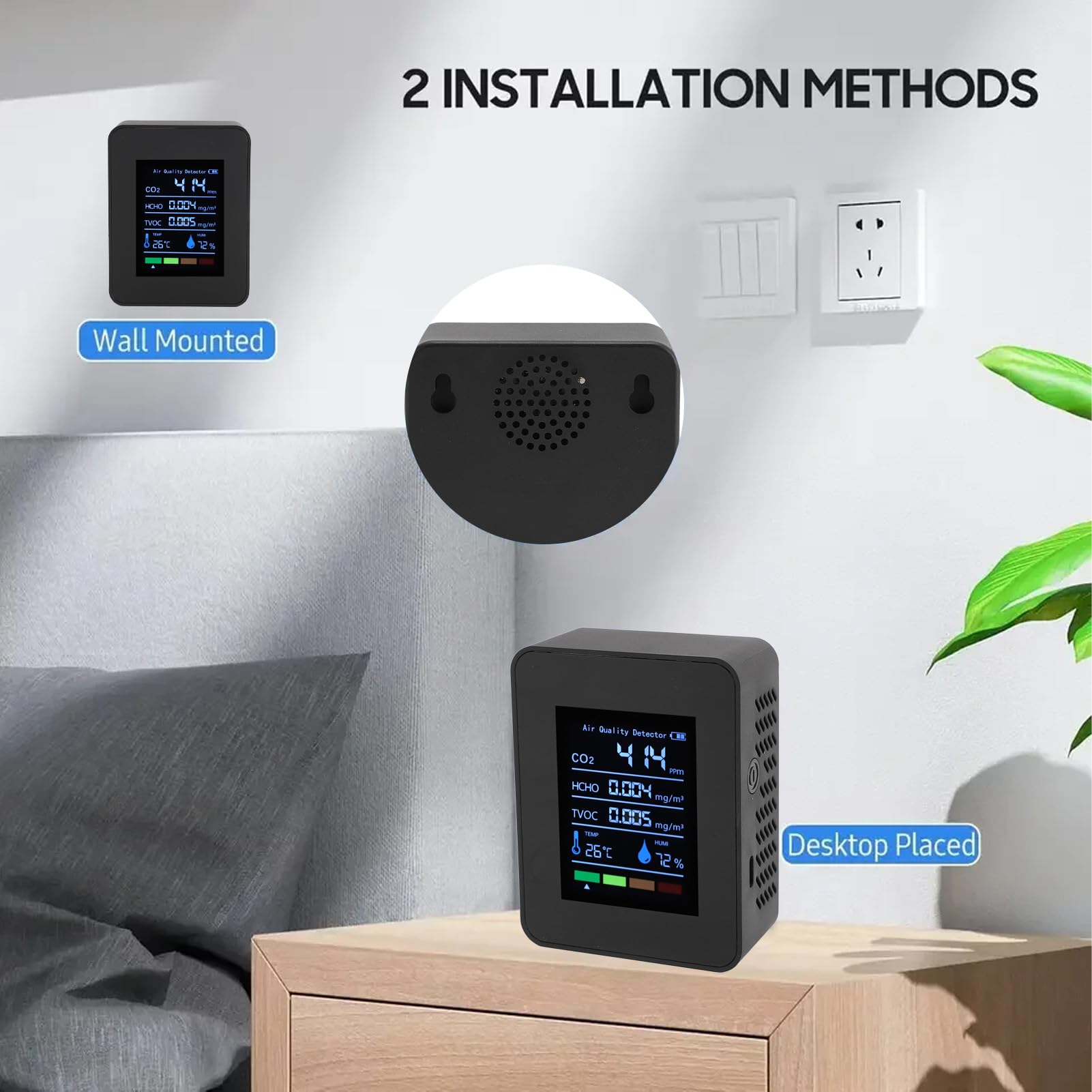 Monitor Jakości Powietrza 5 w 1, Miernik Testowy CO2/HCHO/TVOC/temperatury/wilgotności, Inteligentny Detektor Jakości Powietrza z Wyświetlaczem i baterią 1200 MAh, do Domu, Biura