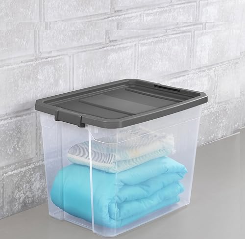 Miniatura 5 de Bolsa de almacenamiento apilable de plástico transparente de 108 cuartos de galón con tapa con pestillo, agarre texturizado, tapa gris plana,