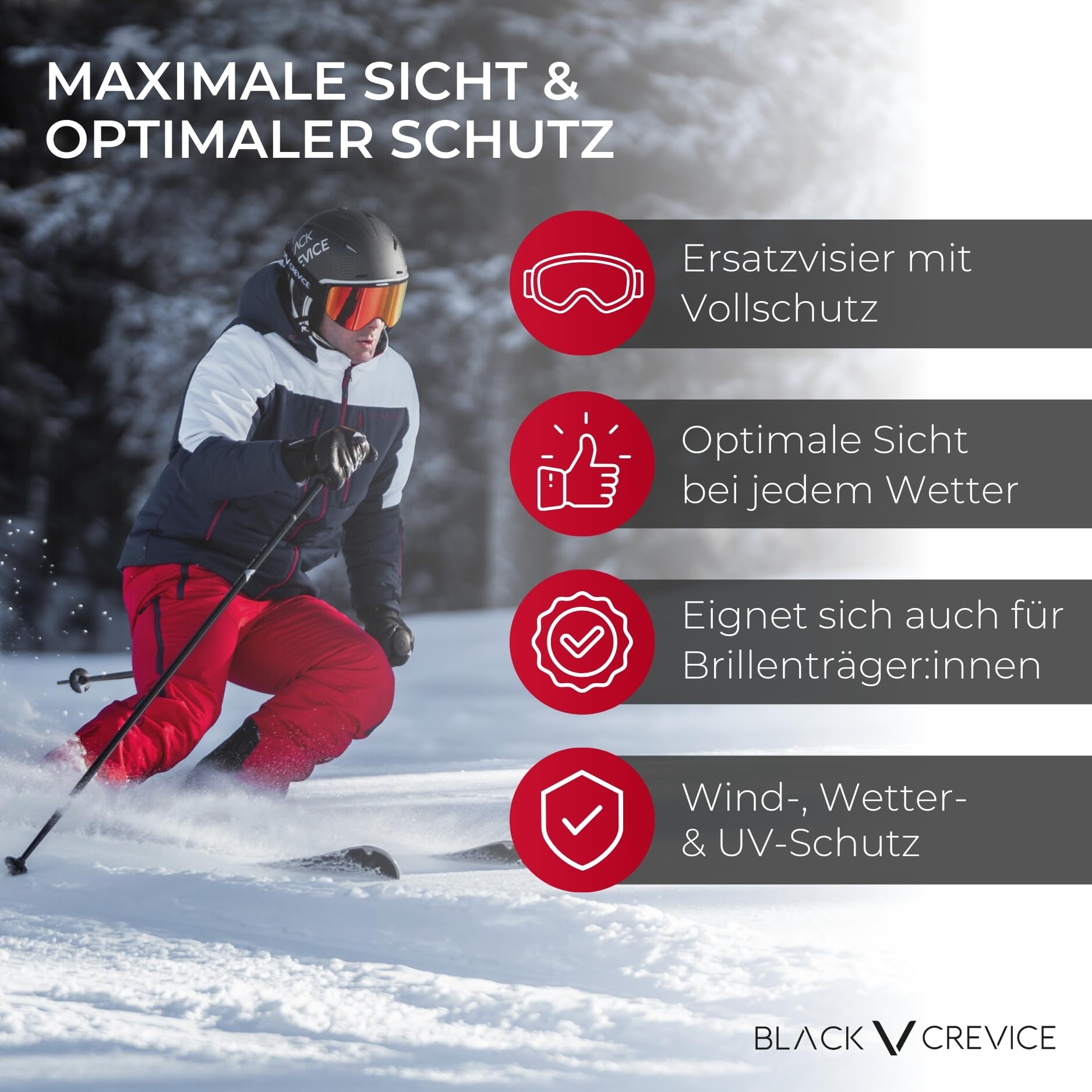 BLACK CREVICE Ersatzvisier mit Vollschutz I Skihelm-Ersatzvisier für Skihelm Arlberg & Gstaad & Saalbach & Silvretta I 5 Farben I Skihelm-Visier mit Anti-Fog-Beschichtung & UV 400 Schutz
